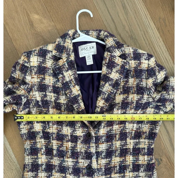 Vintage Oscar by Oscar de la‎ Renta Purple Plaid Tweed Wool/Alpaca Blazer 12 - Picture 9 of 11